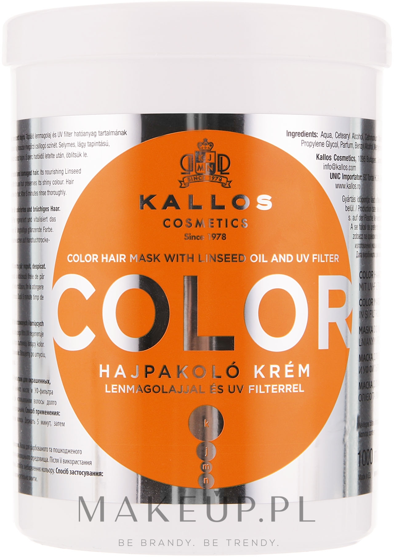 Maska do włosów farbowanych i łamiących się z olejem lnianym i filtrem UV - Kallos Cosmetics Color Hair Mask — Zdjęcie 1000 ml