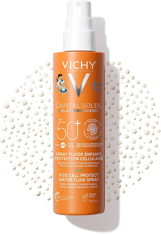 Wodoodporny spray do ciała do ochrony przeciwsłonecznej dla wrażliwej skóry dzieci SPF 50+ - Vichy Capital Soleil Kids Cell Protect Water Fluid Spray