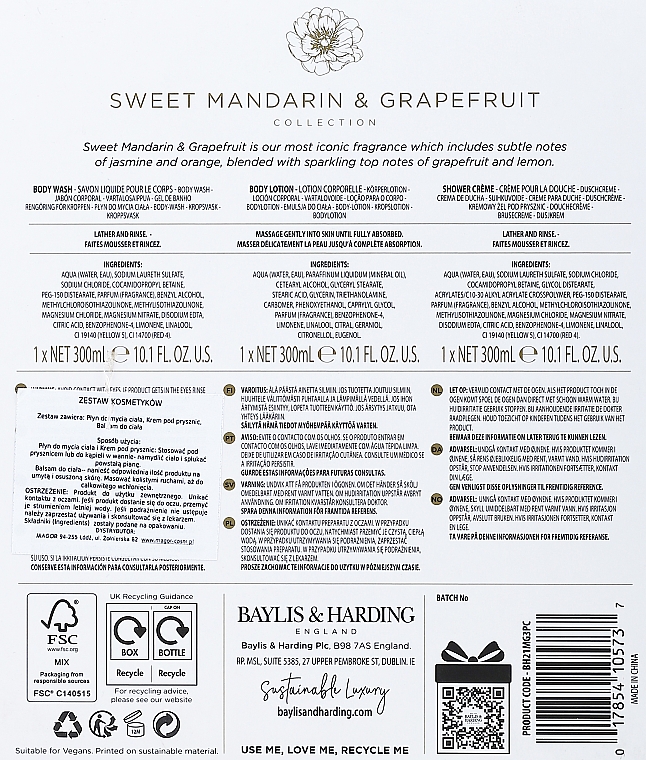 Zestaw - Baylis & Harding Sweet Mandarine & Grapefruit (sh/cream/300ml + b/lot/300ml + sh/gel/300ml) — Zdjęcie N3
