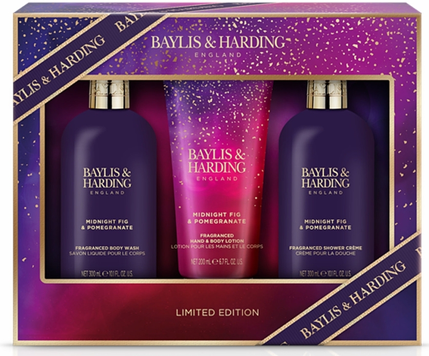 Zestaw - Baylis & Harding Midnight Fig & Pomegranate Luxury Bathing Essentials Gift Set (sh/gel/300ml + sh/cr/300ml + h/b/lot/200ml) — Zdjęcie N1