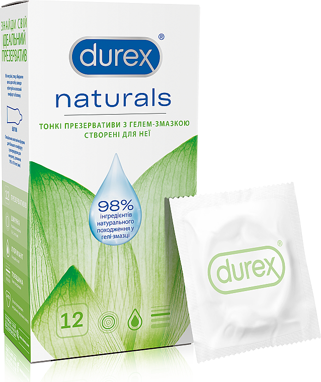 Prezerwatywy lateksowe z żelem nawilżającym, cienkie, 12 szt. - Durex Naturals