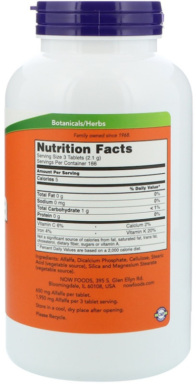 Suplement diety Alfalfa, 650 mg - Now Foods Alfalfa — Zdjęcie N4