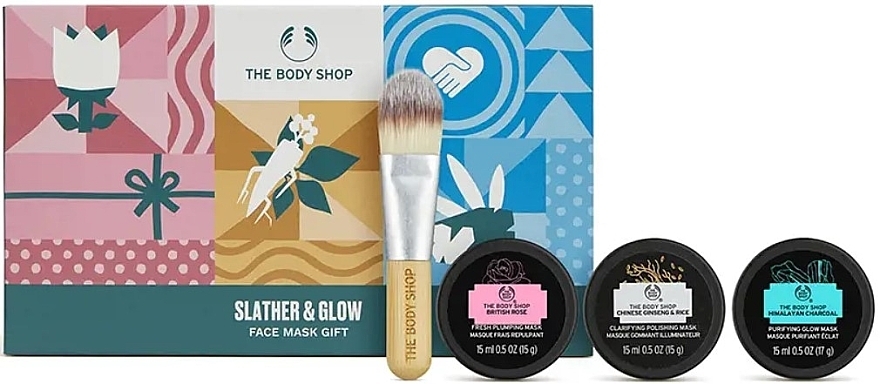 Zestaw - The Body Shop Slather & Glow Face Mask Gift (f/mask/3x15ml + brush/1pcs) — Zdjęcie N1