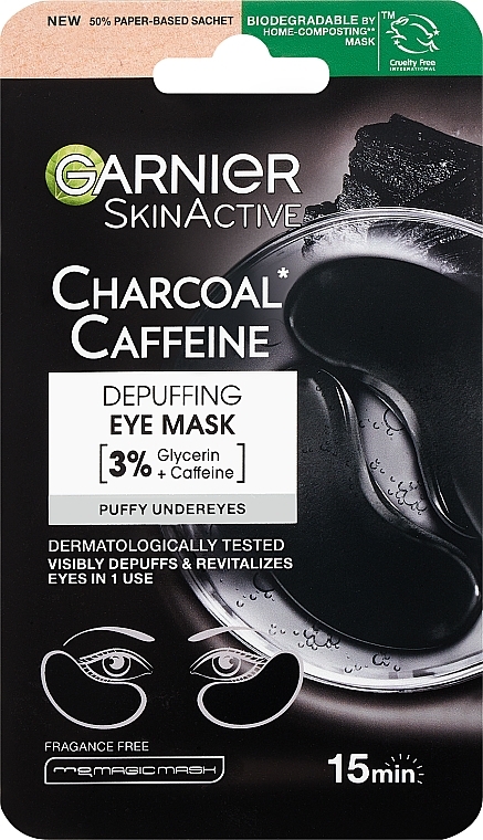 Kojące płatki pod oczy - Garnier SkinActive Charcoal Caffeine Depuffing Eye Mask — Zdjęcie N1
