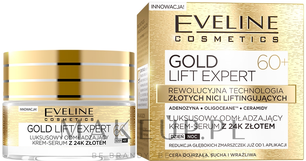 Luksusowy odmładzający krem-serum z 24k złotem na dzień i na noc 60+ - Eveline Cosmetics Gold Lift Expert — Zdjęcie 50 ml