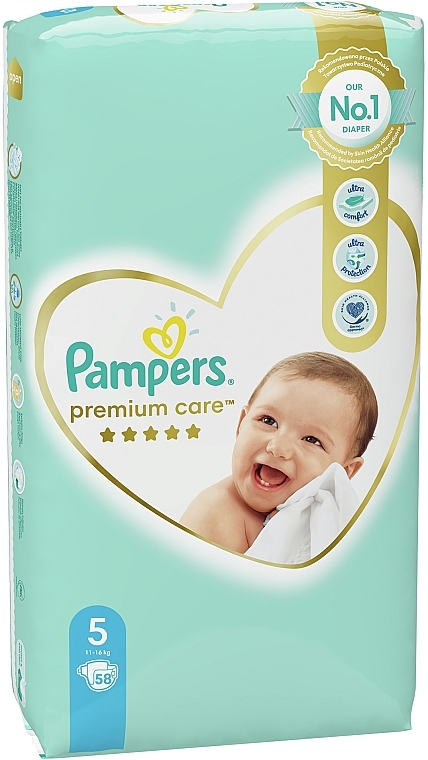 Pieluchy Pampers Premium Care Rozmiar 5 (Junior), 11-16 kg, 58 sztuk - Pampers — Zdjęcie N2