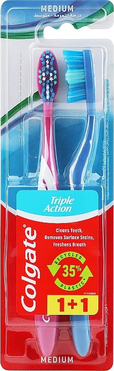 Zestaw szczoteczek do zębów Potrójne działanie, średnia twardość, 2 szt., niebieska, malinowa - Colgate Triple Action Medium — Zdjęcie N1