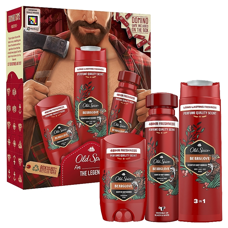 Zestaw - Old Spice The Legend Bearglove (sh/gel/250ml + deo/50ml + spray/150ml + domino/1pc) — Zdjęcie N1