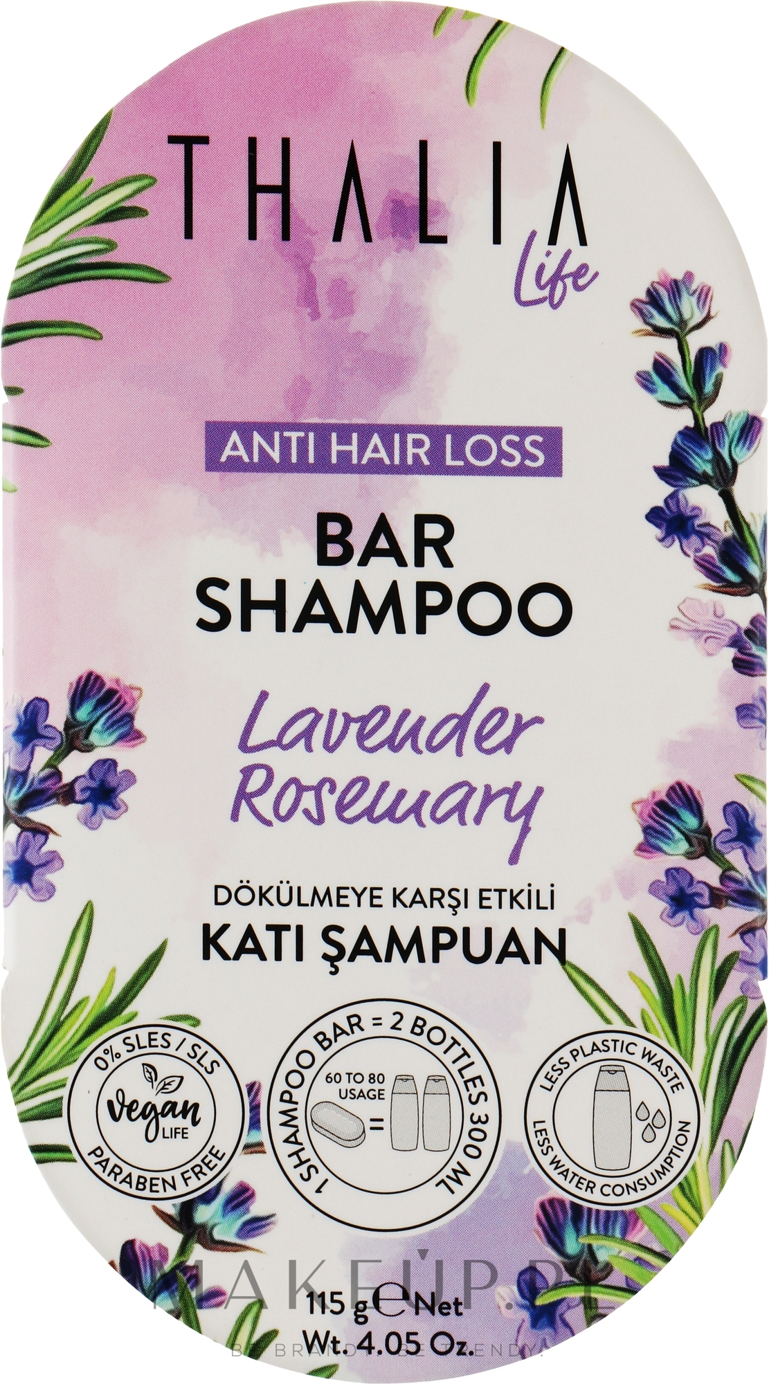 Szampon w kostce przeciw wypadaniu włosów z lawendą i rozmarynem - Thalia Life Bar Shampoo  — Zdjęcie 115 g