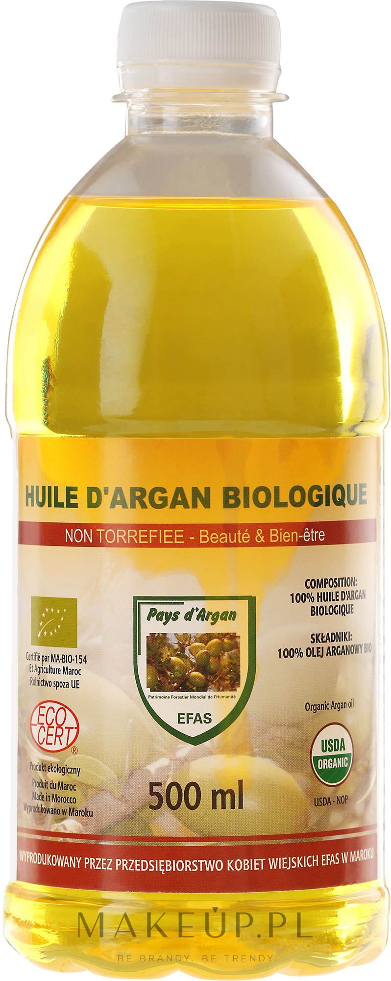 Kosmetyczny olej arganowy 100% w plastikowej butelce - Efas Argan Oil — Zdjęcie 500 ml
