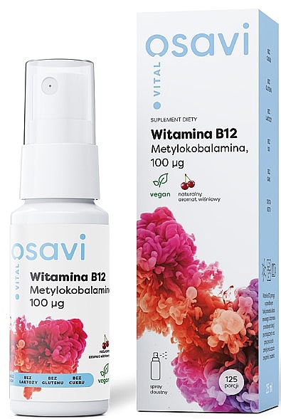 Witamina B12 w sprayu o smaku wiśni - Osavi Vitamin B12 Oral Spray (Methylcobalamin) 100mcg Cherry — Zdjęcie N1