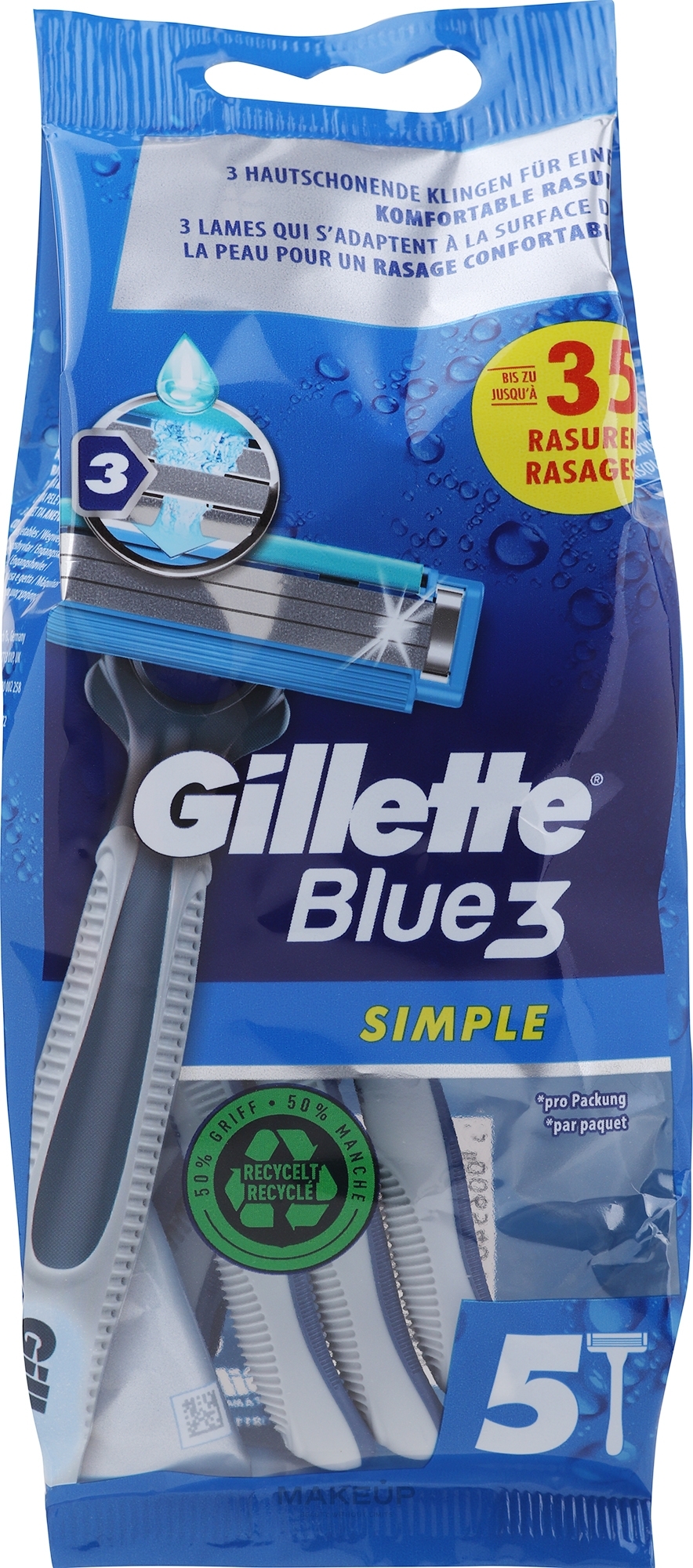 Zestaw jednorazowych maszynek do golenia - Gillette Blue3 Simple Disposable Razors 4+1 — Zdjęcie 5 szt.