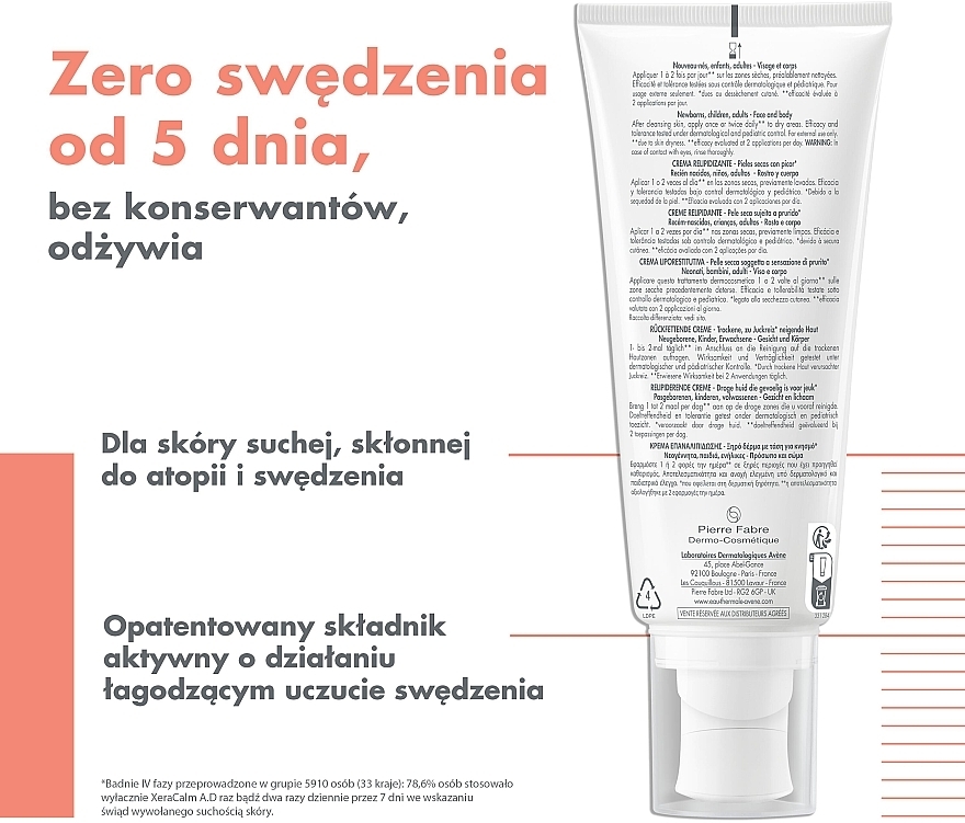 Krem do twarzy i ciała do skóry suchej - Avène XeraCalm A.D Lipid-replenishing Cream — Zdjęcie N3