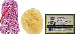 Kup Zestaw: mydło o zapachu drzewa sandałowego, różowy pumeks, gąbka - Kalliston (soap/100g + stone/1pcs + sponge/1pcs)
