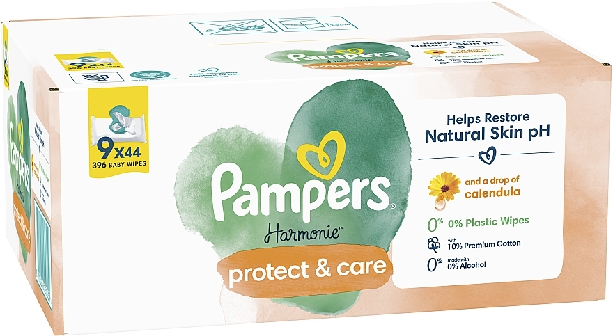 Chusteczki nawilżane dla dzieci z nagietkiem, 396 szt. - Pampers Harmonie Protect&Care Baby Wipes  — Zdjęcie N2