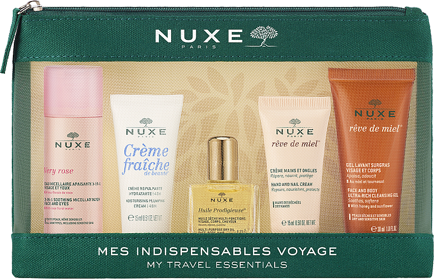 Zestaw, 6 produktów - Nuxe My Travel Essentials (micellar 50 ml + f/cr 15 ml + f/oil 10 ml + h/cr 15 ml +f/body/gel 30 ml + bag )