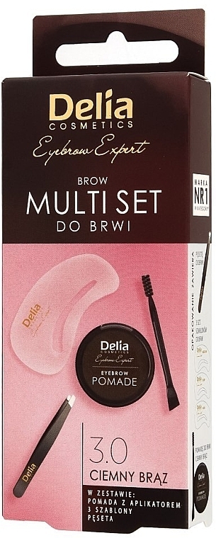 Multi zestaw do brwi - Delia Cosmetics Multi Set (eyebrow pomade 1 g + eyebrow tweezers 1 pc + eyebrow stencils 3 pcs) — Zdjęcie N1