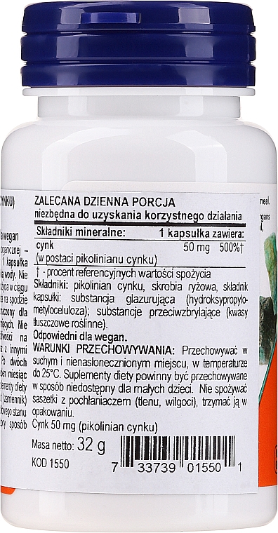 Suplement diety w kapsułkach z cynkiem, 50 mg - Now Foods Zinc Picolinate 50mg Veg Capsules — Zdjęcie N2