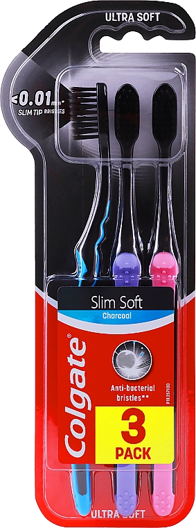 Zestaw ultramiękkich szczoteczek do zębów, niebieska + fioletowa + różowa - Colgate Slim Soft Charcoal Ultra Soft — Zdjęcie N1