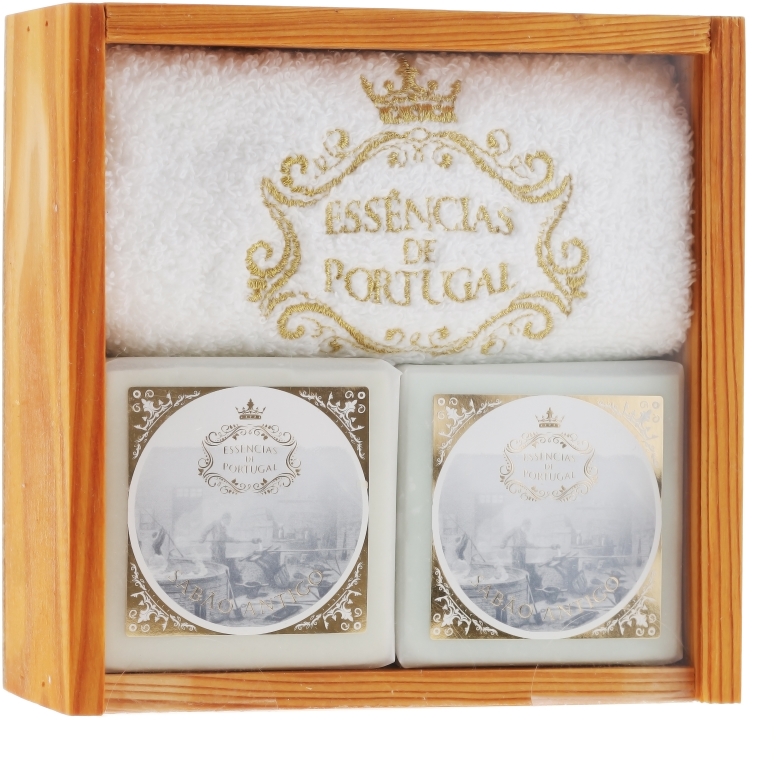 Zestaw naturalnych mydeł w kostce - Essências de Portugal Senses Wooden Box (2 x soap 200 g + towel) — Zdjęcie N1