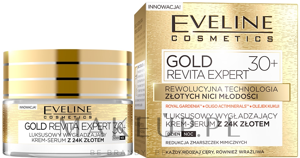 Luksusowy wygładzający krem-serum z 24-karatowym złotem na dzień i na noc 30+ - Eveline Cosmetics Gold Revita Expert — Zdjęcie 50 ml