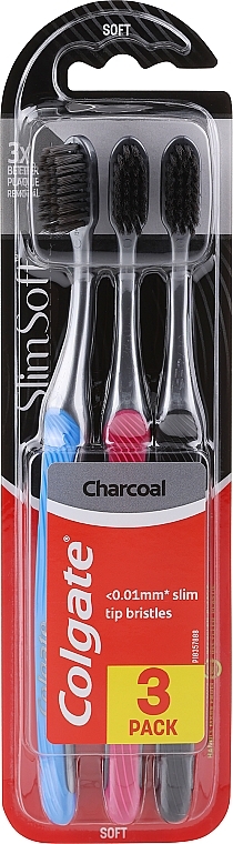 Miękkie szczoteczki do zębów, niebieska + różowa + czarna - Colgate Slim Soft Charcoal — Zdjęcie N1