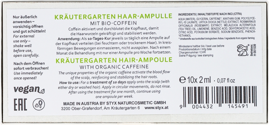 Ampułki do włosów z organiczną kofeiną - Styx Naturcosmetic Hair Ampoule With Organic Caffeine Activate — Zdjęcie N3