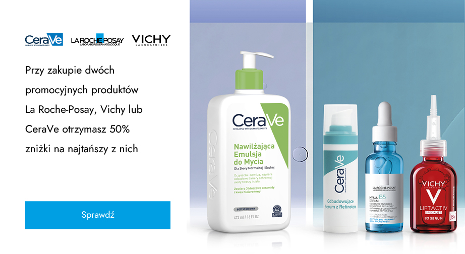 Przy zakupie dwóch promocyjnych produktów La Roche-Posay, Vichy lub CeraVe otrzymasz 50% zniżki na najtańszy z nich.