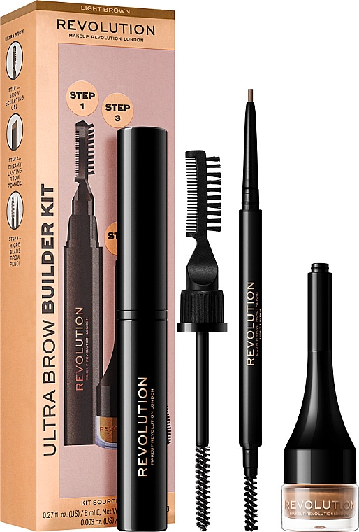 Zestaw - Makeup Revolution Ultra Brow Builder Kit (wax/8ml + brow/pomade/2,2g + eye/crayon/0,09g) — Zdjęcie N1