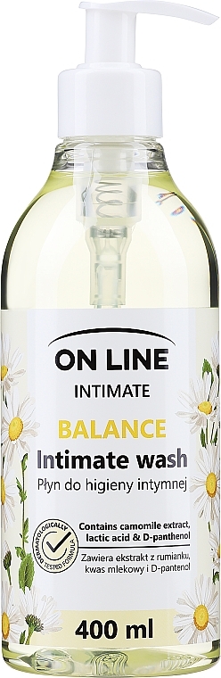 Płyn do higieny intymnej z rumiankiem, kwasem mlekowym i d-panthenolem - On Line Intimate Balance