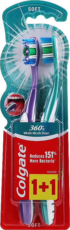 Szczoteczki do zębów, miękkie, fioletowa + zielona - Colgate 360 Whole Mouth Clean Soft — Zdjęcie N1