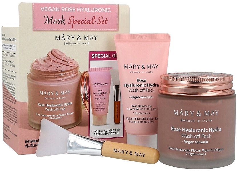 Zestaw - Mary & May Vegan Hyaluronic Hydra Wash off Mask Special Gift Set (mask/30g + mask/125g + brush/1pcs) — Zdjęcie N1