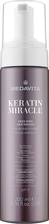 Pianka wygładzająca i przeciw puszeniu się włosów - Medavita Keratin Miracle Frizz Over Hair Mousse — Zdjęcie N1