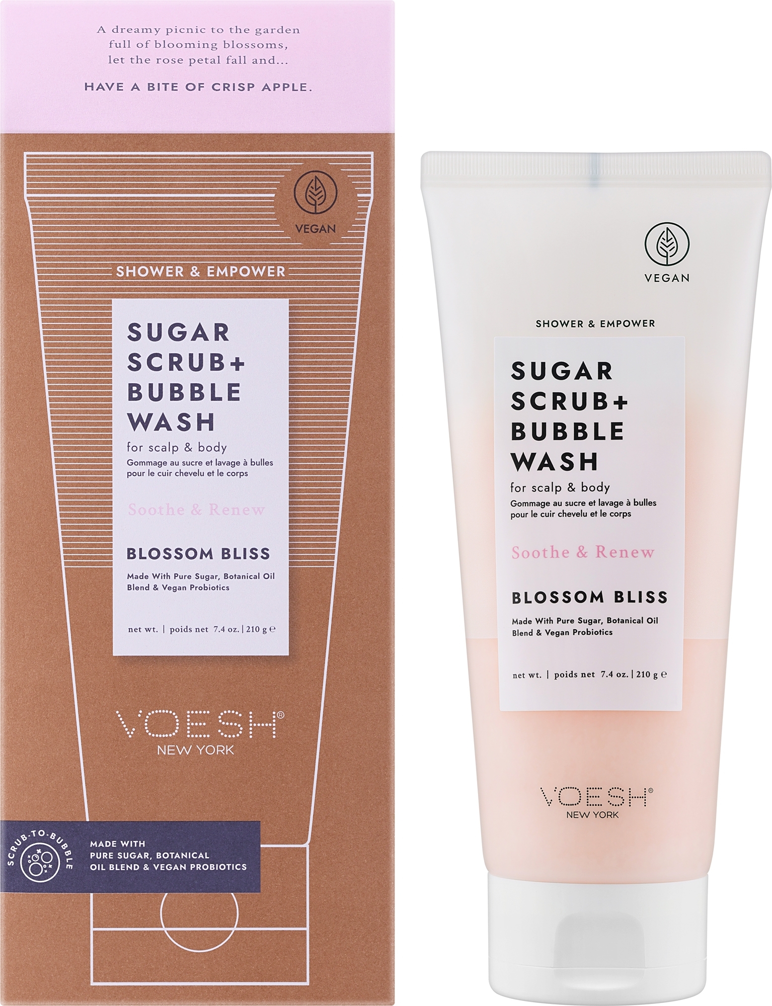 Peeling cukrowy do skóry głowy i ciała - Voesh Sugar Scrub+Bubble Wash Blossom Bliss — Zdjęcie 210 g