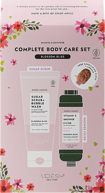 Zestaw - Voesh Complete Body Care Set Blossom Bliss (b/scrub/210g + sh/filter/70g + loofah/1pcs) — Zdjęcie N1