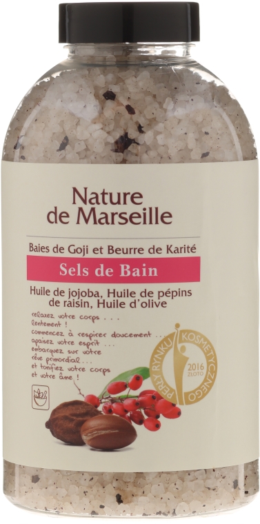 Sól do kąpieli z naturalnymi olejkami i suszonymi owocami o zapachu jagód goji i masła shea Relaksująca kąpiel - Nature de Marseille — Zdjęcie N1