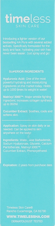 Odświeżający spray nawilżający do twarzy - Timeless Skin Care HA Matrixyl 3000 Cucumber Spray — Zdjęcie N3
