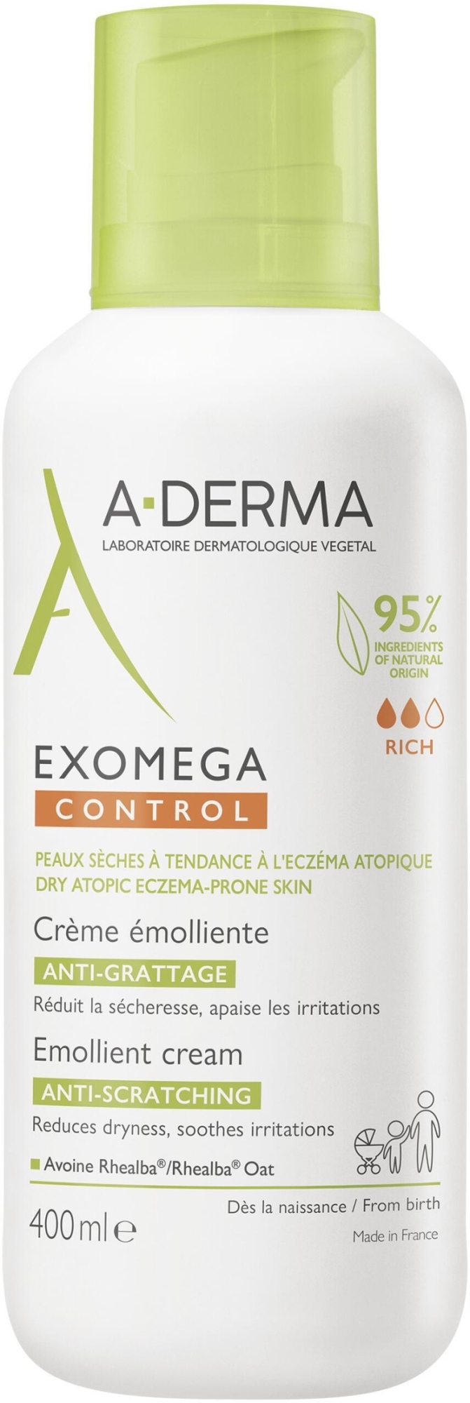 Łagodzący krem-emolient do ciała do skóry ze skłonnością do świądu z dozownikiem - A-Derma Exomega Control Emollient Anti-Scratching Cream — Zdjęcie 400 ml