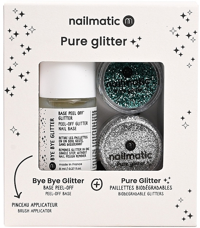 Zestaw - Nailmatic Pure Glitter Turquoise/Silver Glitter (base/8ml + glitter/2pcs + brush) — Zdjęcie N1