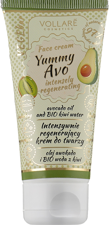 Intensywnie regenerujący krem do twarzy z olejem awokado i bio wodą z kiwi - Vollare Cosmetics VegeBar Yummy Avo Regenerating Cream
