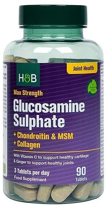 Suplement diety, 90 szt - Holland & Barrett Max Strength Glucosamine Sulphate & Chondroitin & MSM + Collagen — Zdjęcie N1