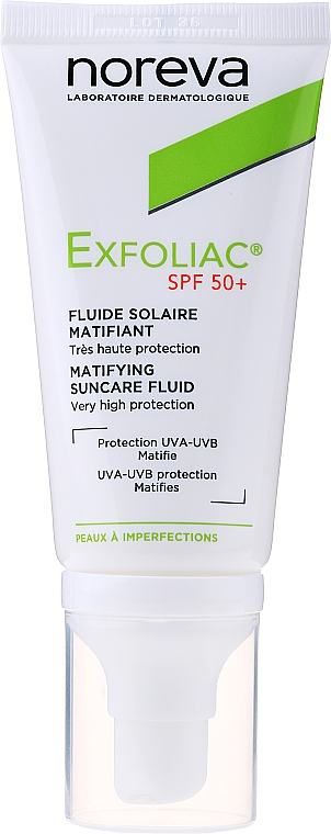 Długotrwale matujący krem do twarzy SPF 50+ - Noreva Laboratoires Exfoliac Mattifying Suncare Fluid