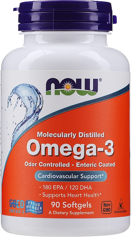 Kapsułki Omega-3 1000 mg - Now Foods Omega-3 Molecularly Distilled 180 EPA/120 DHA — Zdjęcie N1