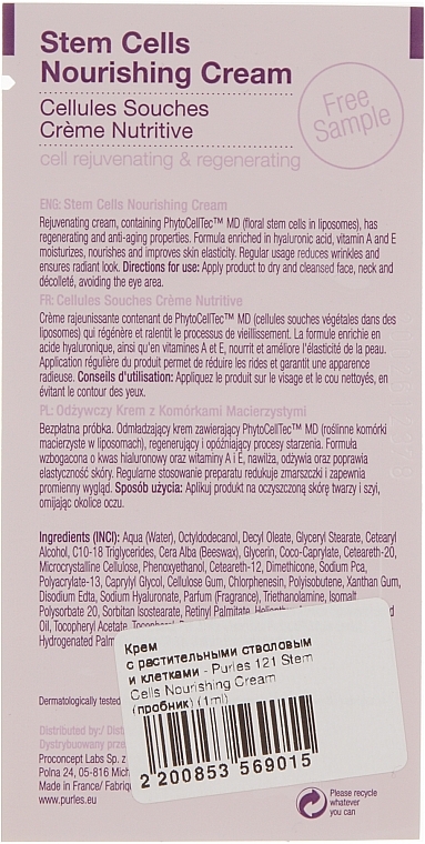 Krem z roślinnymi komórkami macierzystymi - Purles 121 Stem Cells Nourishing Cream (próbka) — Zdjęcie N2