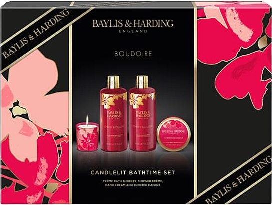 Zestaw - Baylis & Harding Boudoire Cherry Blossom Luxury Candlelit Bathing Gift Set (b/bubble/300ml + sh/cr/300ml + h/cr/50ml + candle/60g) — Zdjęcie N1