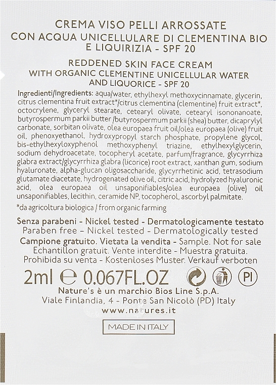 Krem do wrażliwej skóry twarzy - Nature's Acque Unicellulari Cream SPF 20 (próbka) — Zdjęcie N2