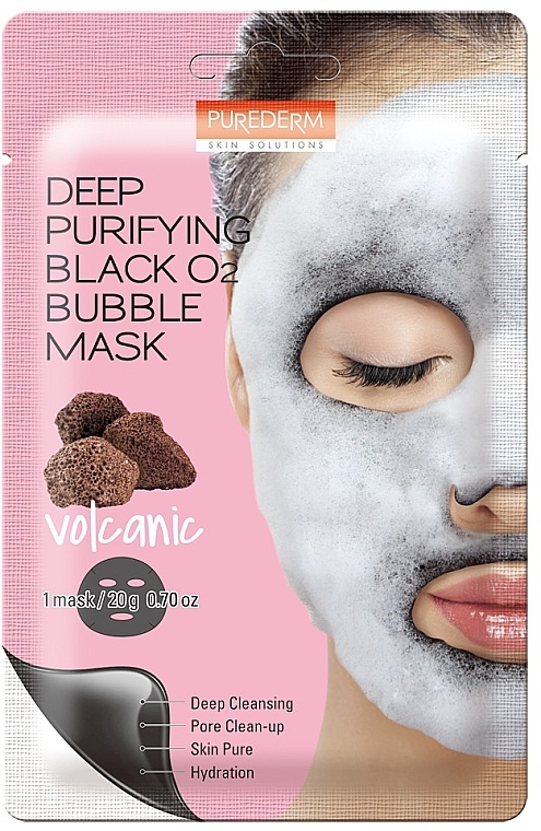 Głęboko oczyszczająca maska bąbelkowa do twarzy z pyłem wulkanicznym - Purederm Deep Purifying Black O2 Bubble Mask Volcanic