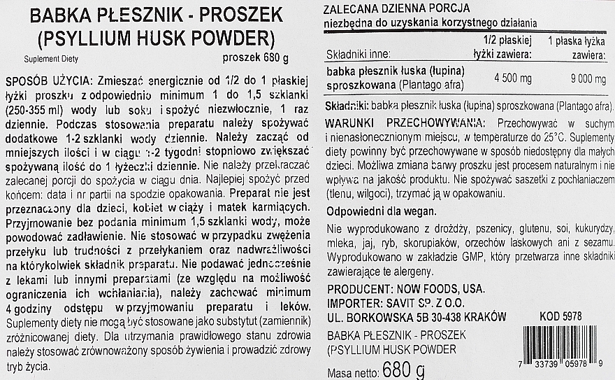 Nasiona babki płesznik w proszku - Now Foods Psyllium Husk Powder — Zdjęcie N2