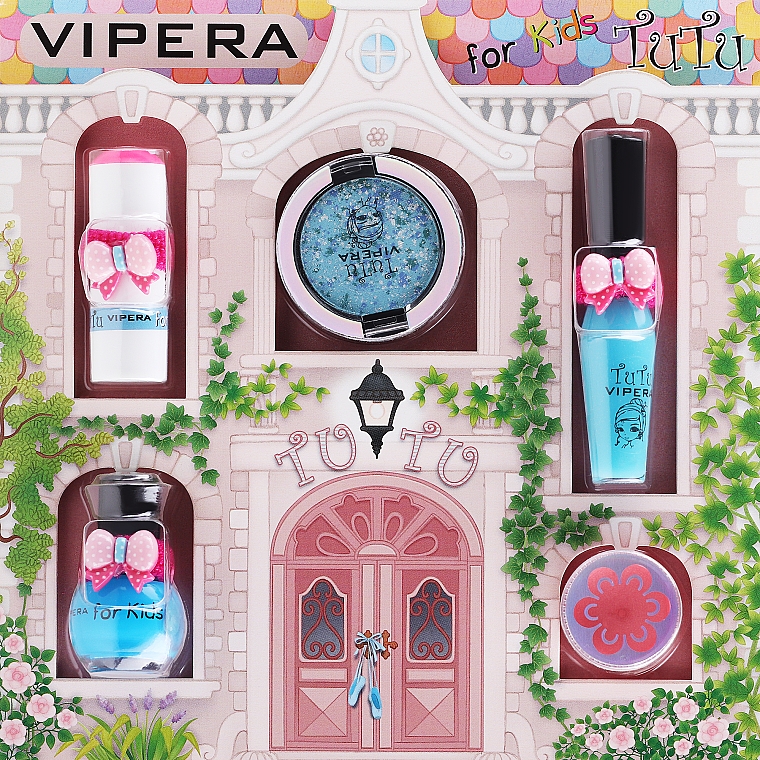 Zestaw kosmetyków dla dziewczynki (balm 4 ml + lipgloss 7 ml + polish 5 ml + eye/cheek/shadow 4,5 ml + eye/lip/cheek/shadow 4,5 ml) - Vipera TuTu Magiczny domek