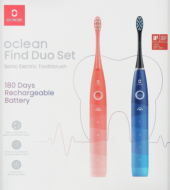 Zestaw elektrycznych szczoteczek do zębów, niebieska i różowa - Oclean Flow Find Duo Set — Zdjęcie N1